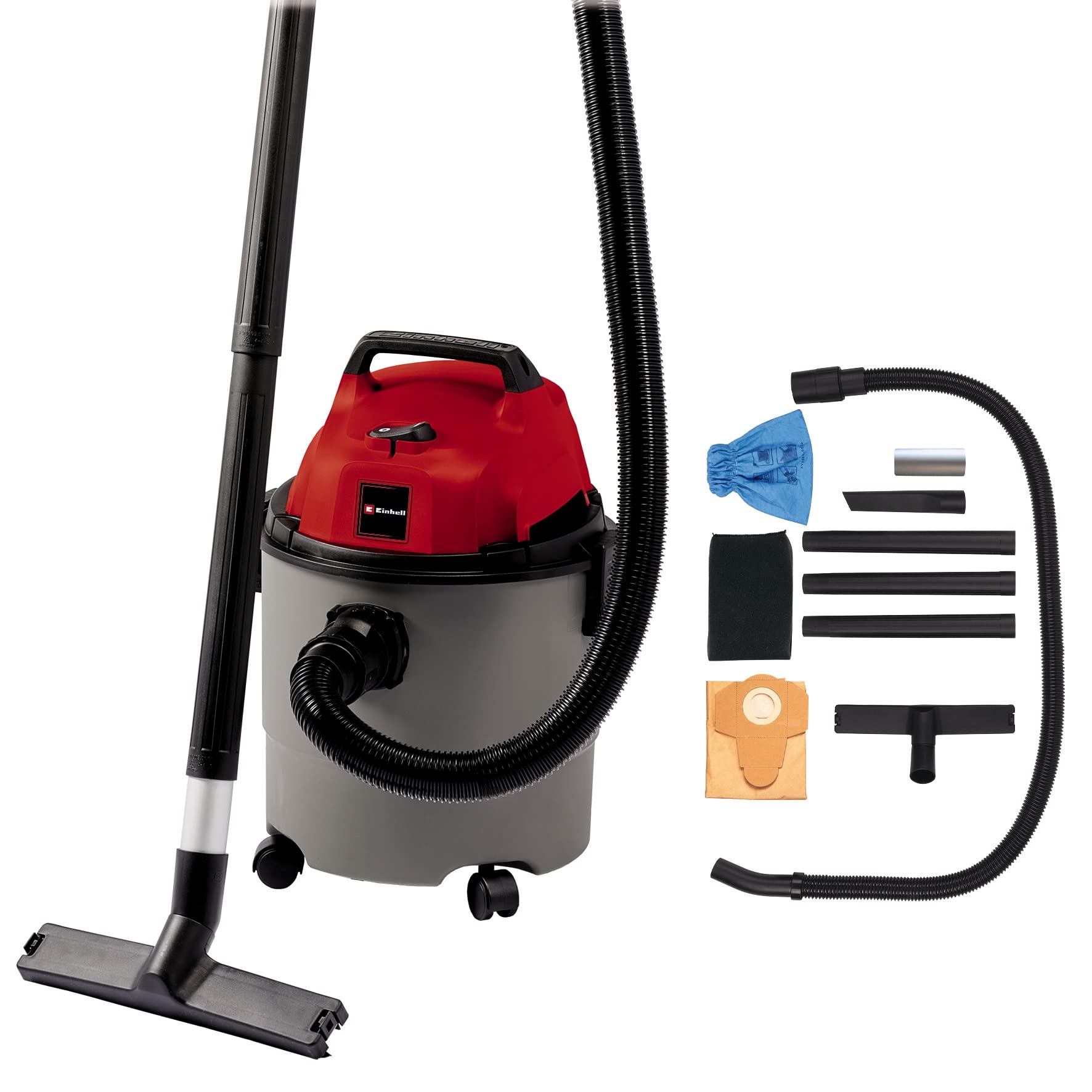 Einhell Wet & Dry Vacuum Cleaner 1250W, 180mbar, Robust 15-Litre Plastic Tank, Blow Connection, 4 Castors, Accessories Holder, incl. Suction Hose, Nozzles + Filters TC-VC 1815