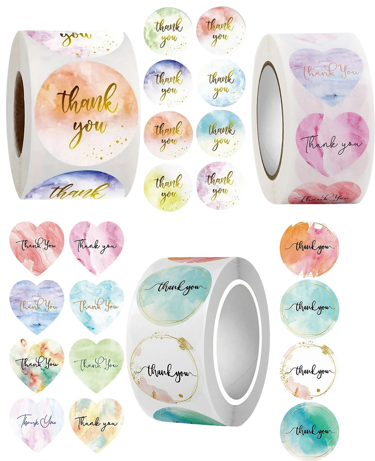 Photo 1 of 1500 Pcs 20 Designs 1inch Thank You Stickers 3 Rolls Elegant Water Assorted Colors Round and Heart-Shaped Labels for Artist Floral Gifts Giveaways Party and Packaging Boutiques Envelope
