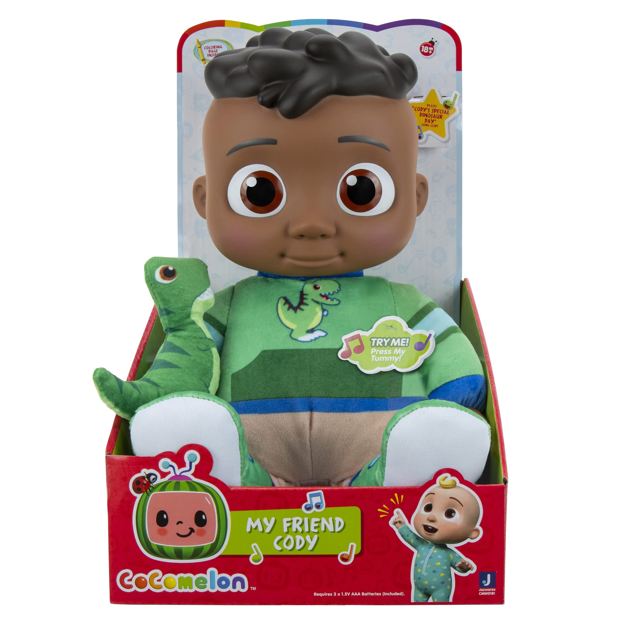 CoComelon My Friend Cody with Dinosaur Plush - Plays ‘Cody’s Special Dinosaur Day’ Song Clips - Press Tummy for Music and Phrases - Toys for Preschoolers