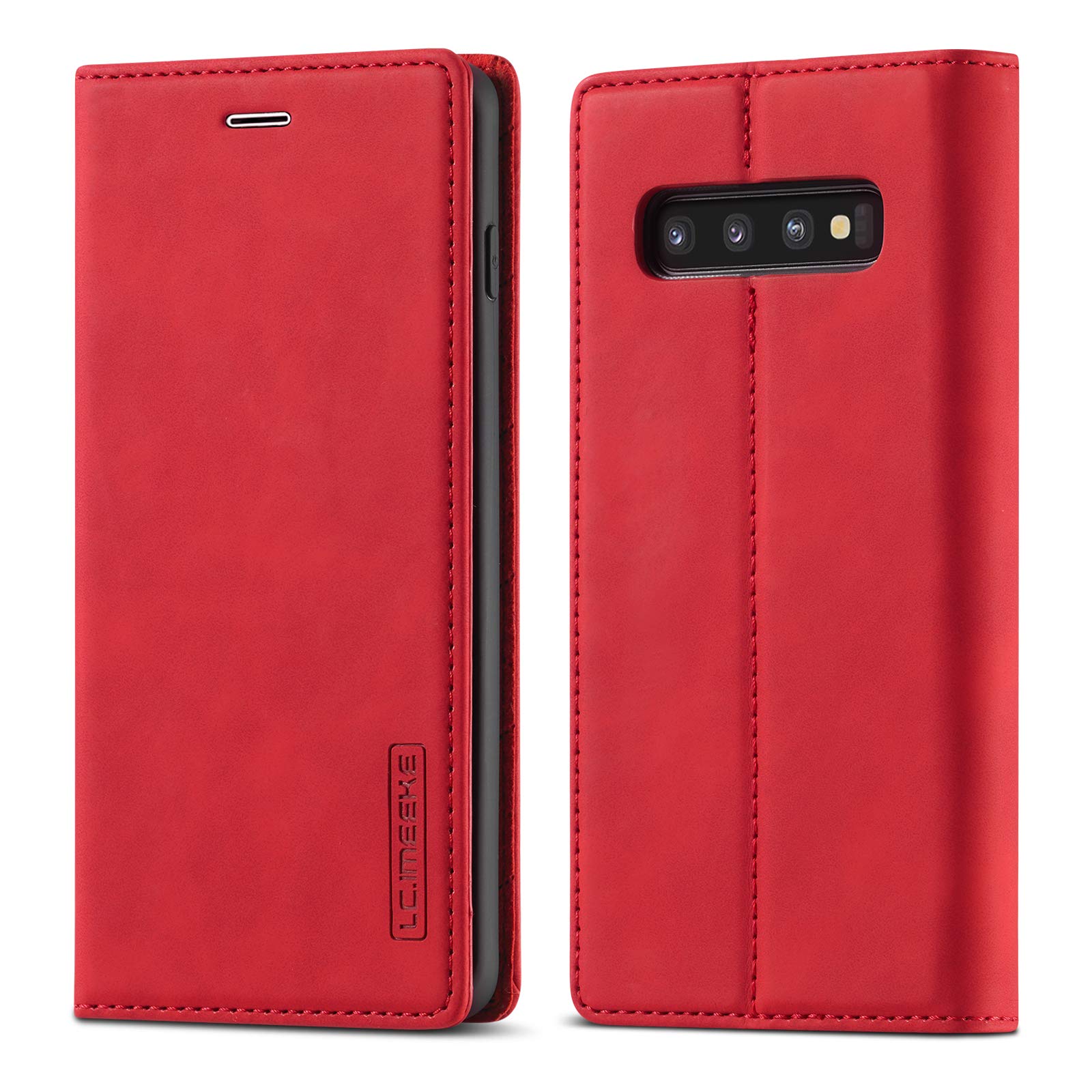 QLTYPRI Case for Samsung Galaxy S10 Plus, Vintage Matte Leather Wallet Case Card Slot Kickstand Magnetic Shockproof Flip Folio Book Case Cover for Samsung Galaxy S10 Plus - Red