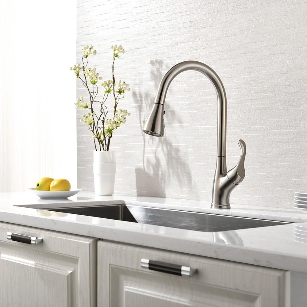 APPASO Pull Down Kitchen Faucet with Sprayer Stainless Steel Brushed Nickel - Single Handle Commercial High Arc Pull Out Spray Head Kitchen Sink Faucets with Deck Plate - - 