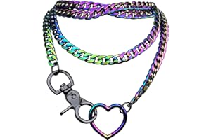 paloli Women's Slip Chain Rainbow Heart O-Ring Chunky Chain Necklace, Rays Cuban Long Layered Jewelry, Adjustable Lariat Y-Necklace Heart Loop Choker