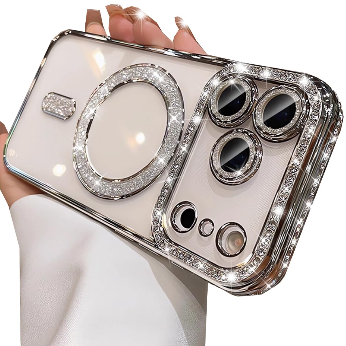 Photo 1 of Changjia Magnetic Clear Glitter Case for iPhone 17 Pro, [Compatible with MagSafe] Cute Bling Sparkly Diamond Rhinestones with Camera Protector TPU Bumper Women Girls Case for iPhone 17 Pro 6.3",Silver