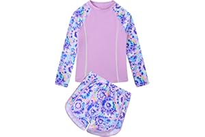 Kinberr Girls Swimsuit 2-Piece Rash Guard Bathing Suit with Long Sleeve Top & Shorts Size 7-12 Years