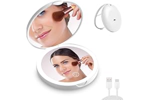 CORROY Compact Makeup Mirror with Light, 1X/2X Magnification LED Pocket Mirror with USB Data Cable, White Mini Mirror for Pocket, Purse, Travel and Present