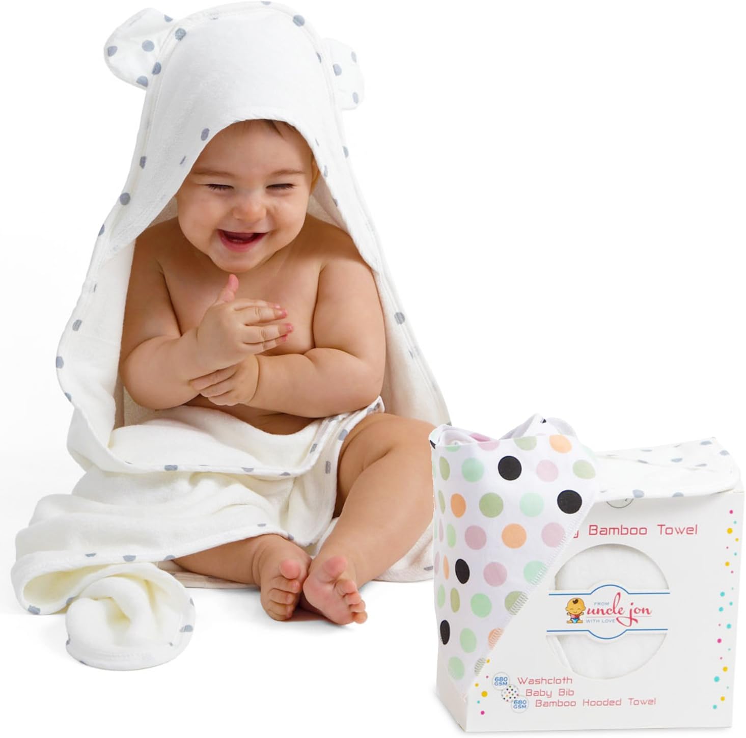 Bamboo Hooded Towel for Babies-Cotton Drooling Bib and Wash Cloth Set for Babies by Uncle Jon – 680GSM Thickness Super Absorbent Bath Towel for Boys and Girls – from Newborn to Toddler