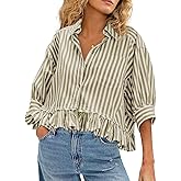CHYRII Womens Summer Tops Dressy Casual Blouse Top Ruffled Short Sleeve Button Down Striped Shirt