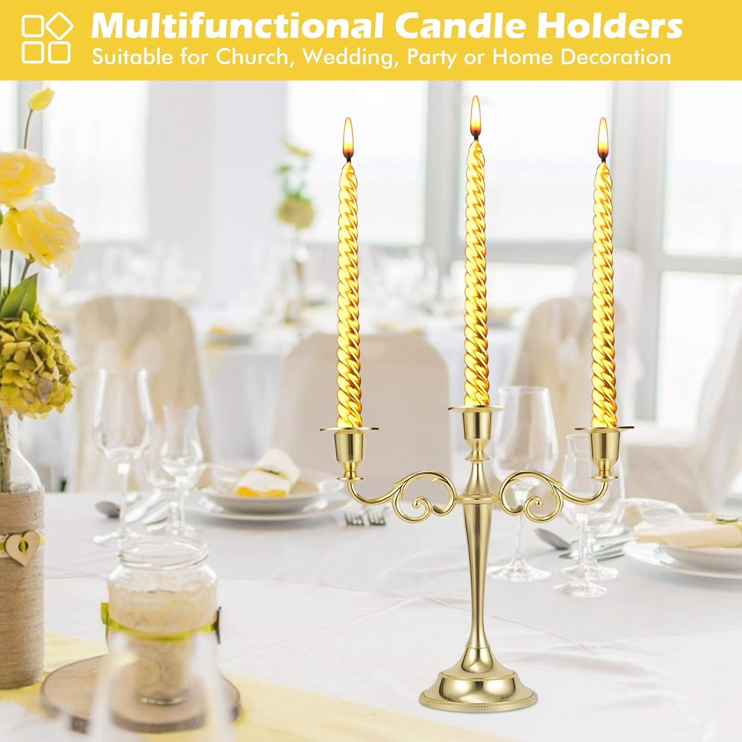 Dyna-Living Candle Holders 3pcs Gold Candlestick Holder Metal Candelabra for Table Taper Candles Decorative Wall Candle Holder Set for Church, Wedding, Party: Kitchen & Dining