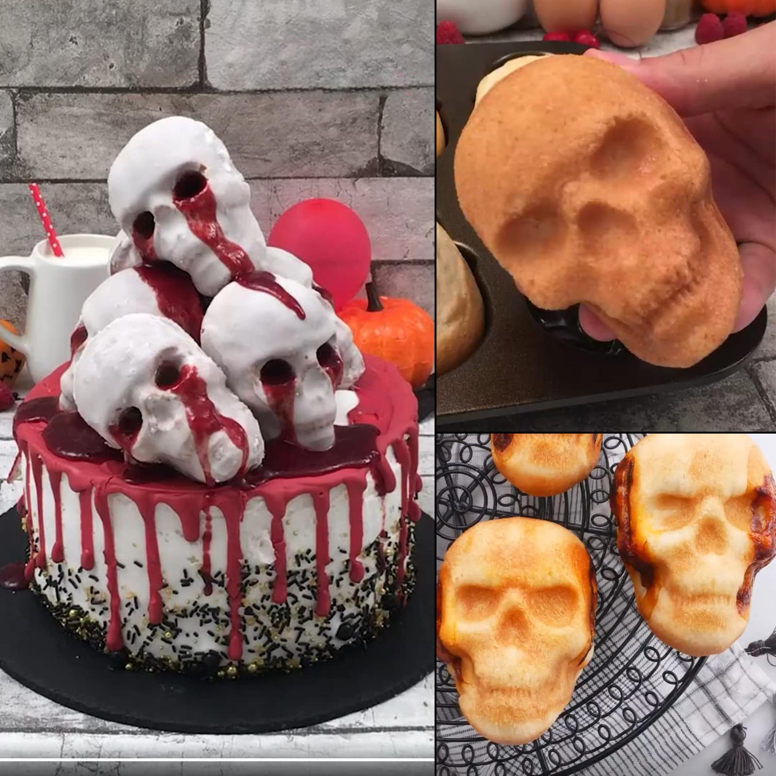 HUAKENER 2 Pack Skull Cake Pan, 6 Cavity Skull Cake Molds, Silicone Skull Baking Pan for Mini Cakes, Chocolate Bomb, Pudding, Halloween Baking