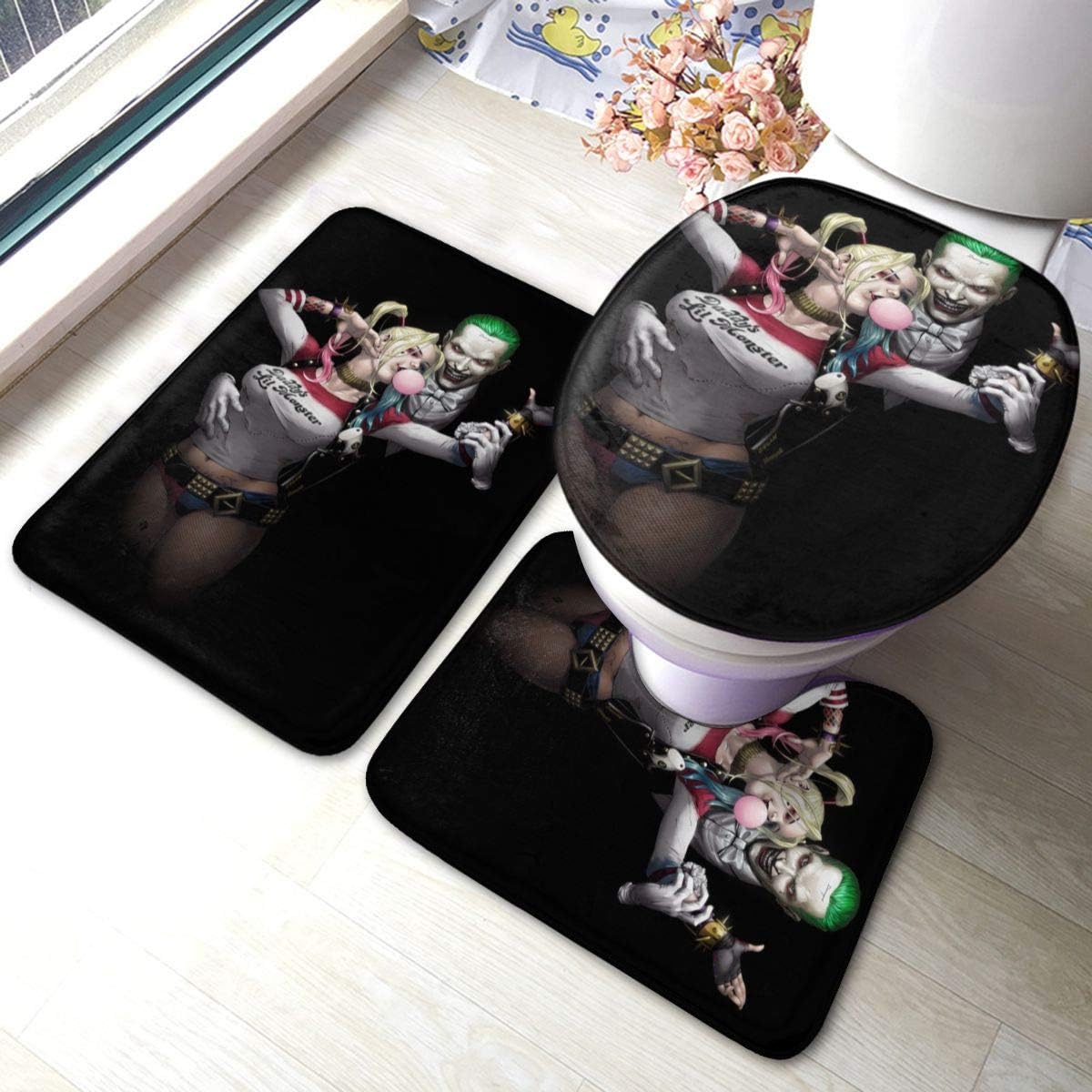Heavenly Battle Harley Quinn and Joker Bath Mat 3 Piece Set，Bathroom Carpet Set Bath and Absorbent Bath and Mat Pads Sets Anti-Skid Pads Bath Mats + Contour Pads + Toilet Lid