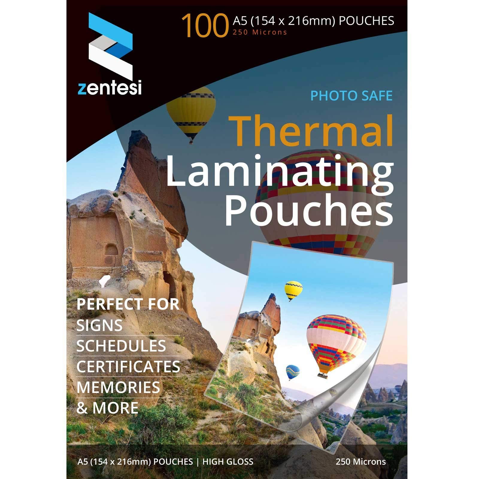 Zentesi A5 Laminating Pouches High Gloss Laminator Sleeves 250 Micron (125 + 125 Microns) Glossy Laminate Pouch Sheets - Pack of 100