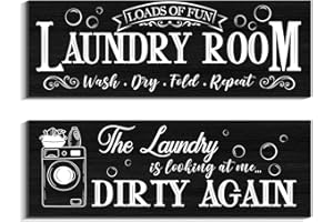 Creoate Laundry Room Decor, 2 Pieces Laundry Sign Wall Decor Funny Laundry Room Rules Decor Rustic Family White Wood Sign Hanging Plaque for Laundry Bathroom Wall Decor (Black)