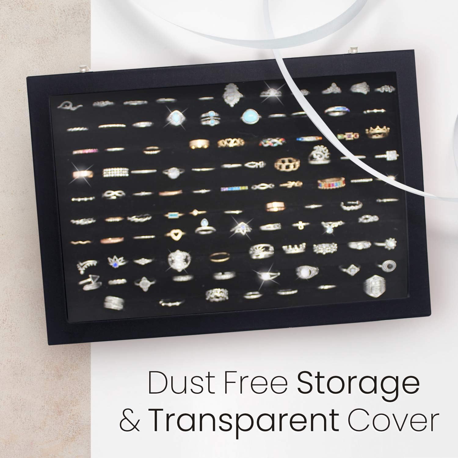 100 Slots Ring Storage Display Box with Transparent Lid ~ Ring Holder Showcase for Store Display, Jewelry Show & Home ~ Jewelry Tray Organizer (Black): Home & Kitchen