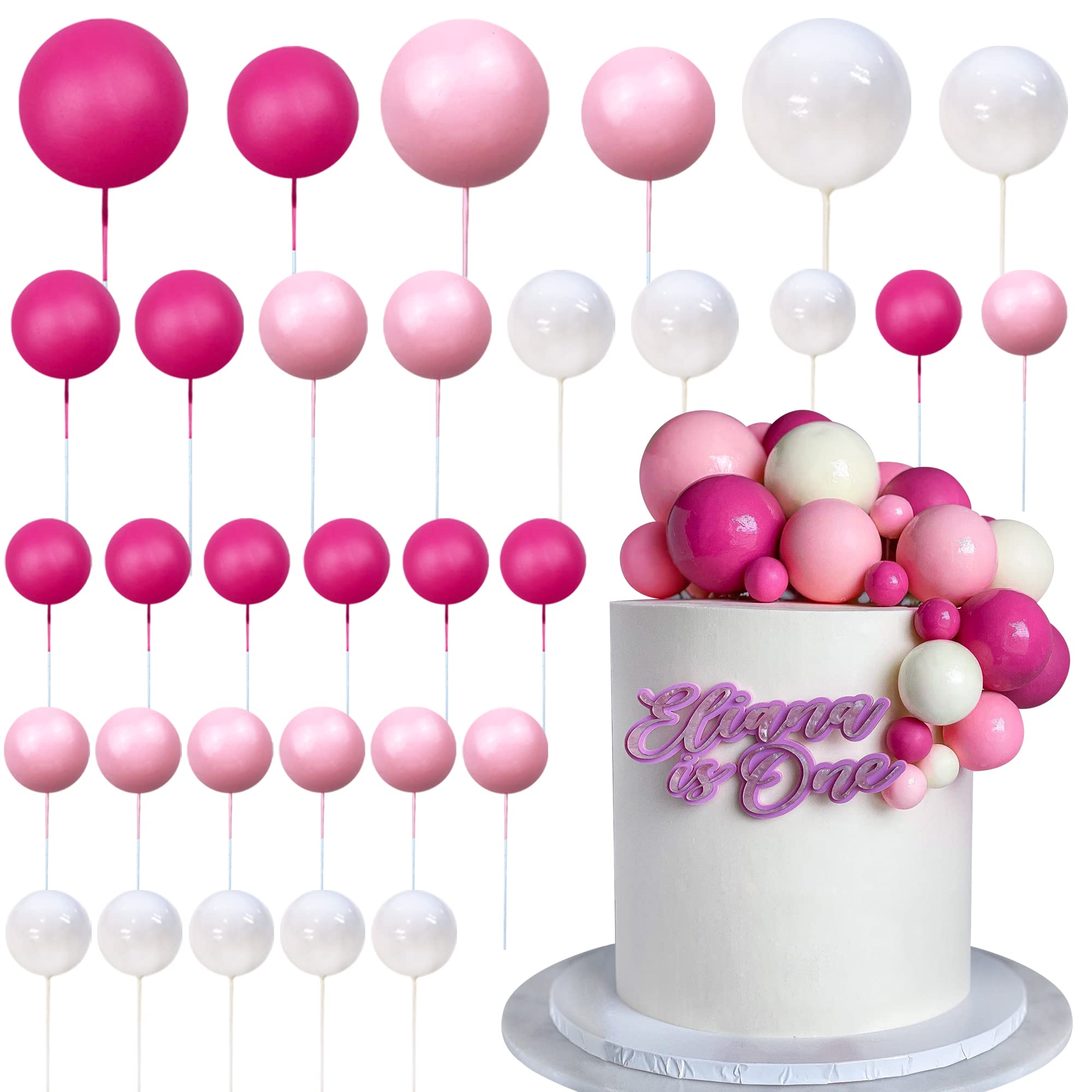 Ball Cake Topper Ball Cake Picks Colorful Pearl Ball Shaped Cupcake Insert Cake Topper for Bear Theme Birthday Party Favors Wedding Decoration (Pink White Hot Pink)
