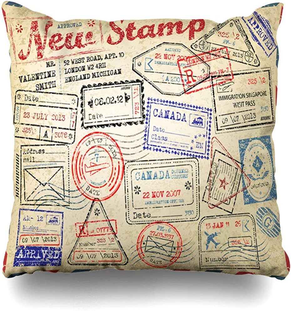 Throw Pillow Cover Cushion Cases Dated Retro Passport Stamps Post Received Visa Travel Mail USA Deposit Home Decor Pillowcase Square 18 x 18 Inches Zippered