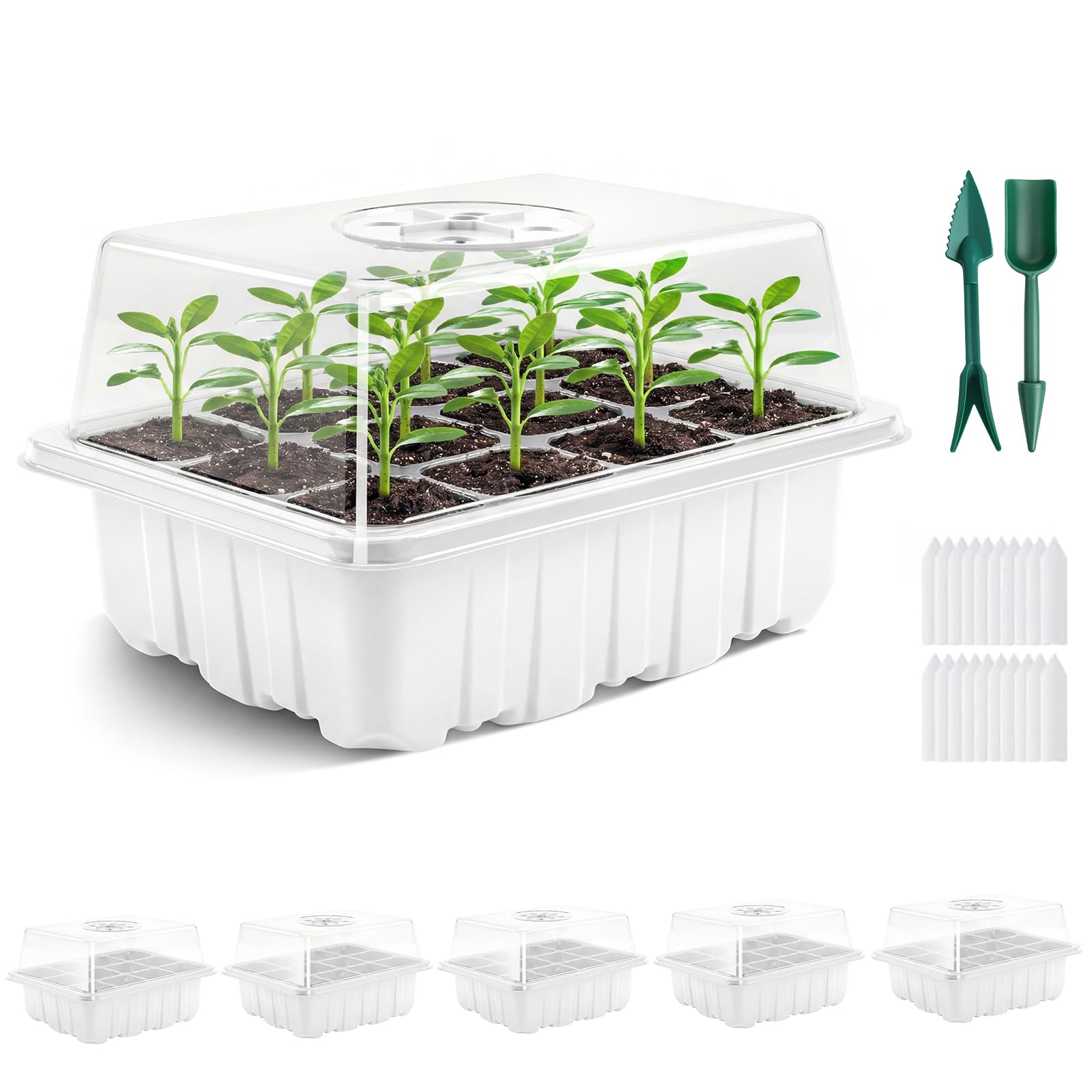 YAUNGEL Seed Trays, 6 Pack 72 Cells Propagator Growing Thicken Seedling Starter Growing Trays with Clear Lids/Adjustable Window for Greenhouse & Gardens, White