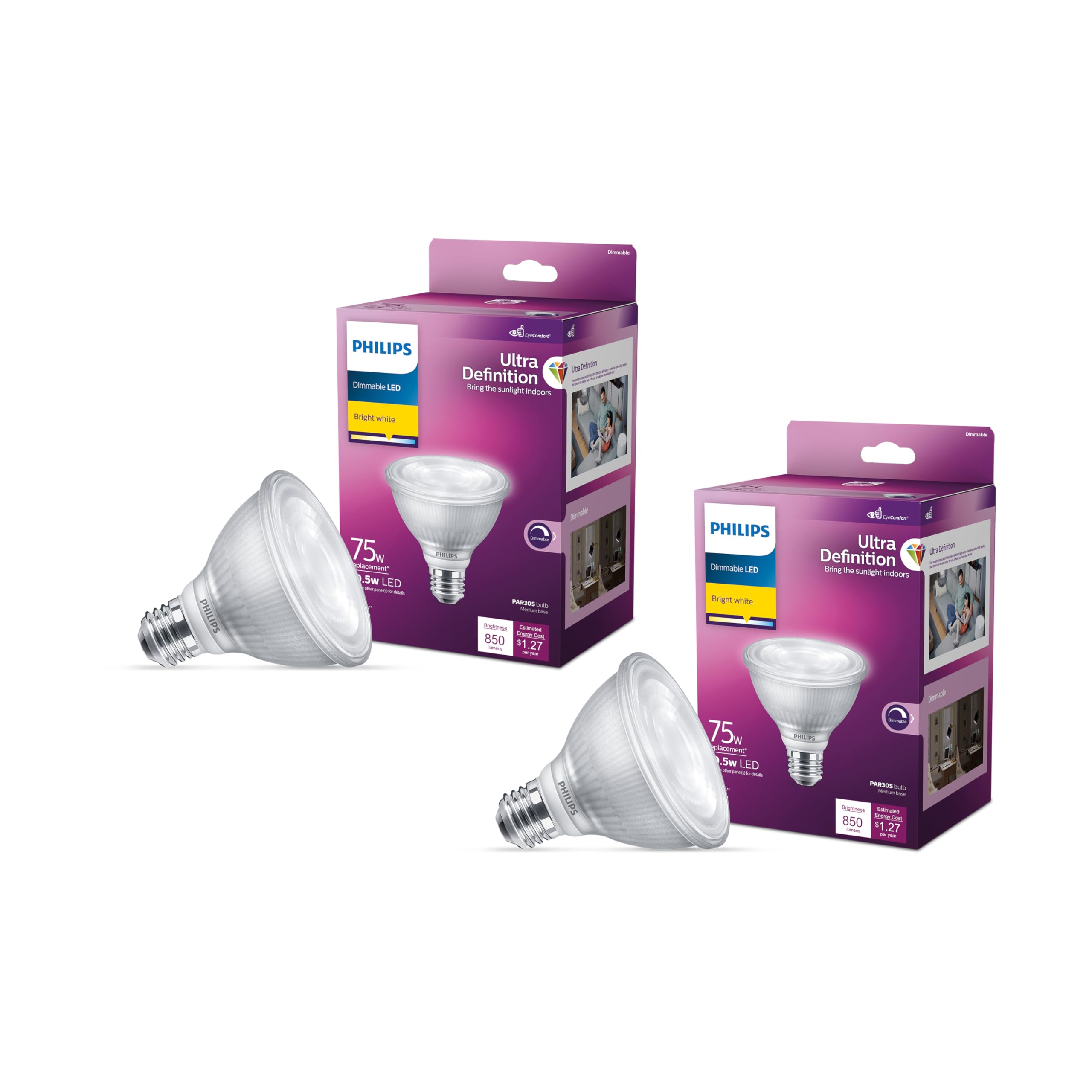 Photo 1 of PHILIPS LED 75W PAR30 2-Pack Ultra Definition Bright White (3000K) 850 Lumen (10.5W = 75W) Dimmable Flicker-Free Light Bulbs