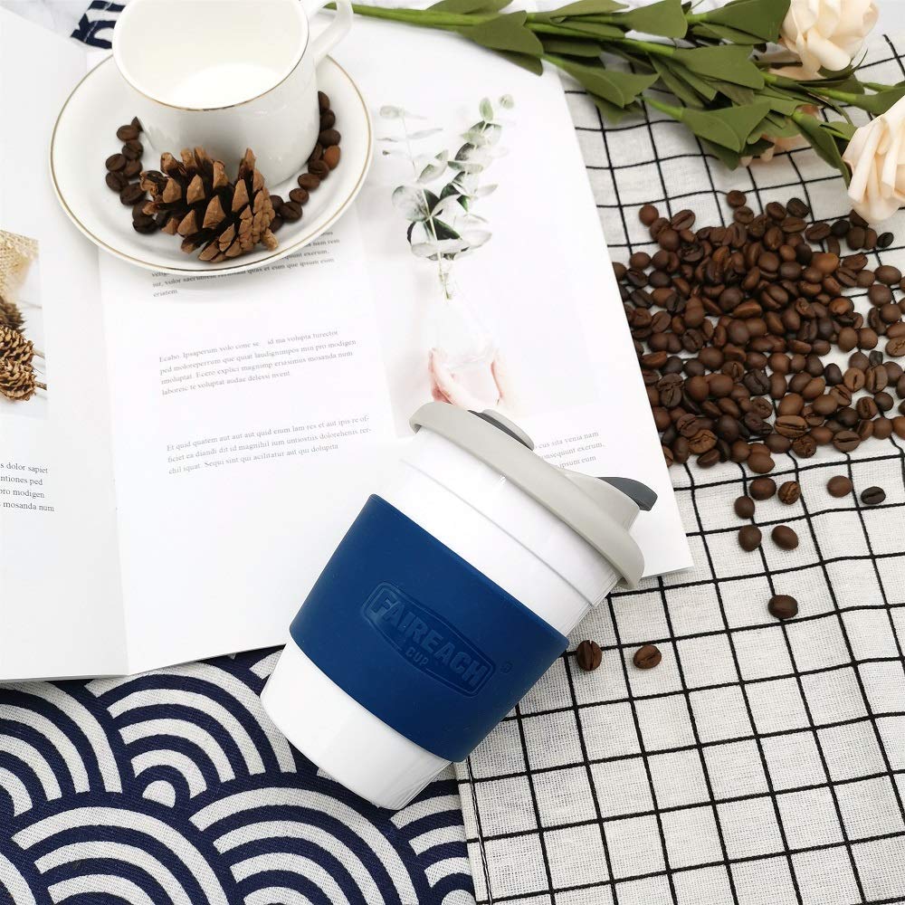 Reusable Coffee Cup with Lid 12oz / 340ml, Faireach Eco Coffee Travel Mug with Non-Slip Sleeve, Takeaway Coffee Tumbler, BPA Free, Dishwasher & Microwave Safe, Navy Blue