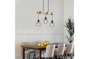 3 Light Farmhouse Kitchen Island Lighting,Dining Room Light Fixture,Adjustable Height Pendant,Real Wood and Black Metal Cage 