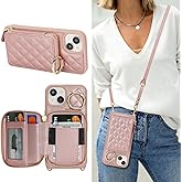 Hamany Crossbody Wallet Case for iPhone 14, PU Leather Zipper Handbag Purse Flip Cover, Kickstand Folio Case with Card Slots Holder Wrist Strap Lanyard 5G 6.1 Inch-Rose Gold