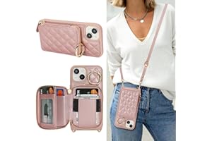 Hamany Crossbody Wallet Case for iPhone 13, PU Leather Zipper Handbag Purse Flip Cover, Kickstand Folio Case with Card Slots Holder Wrist Strap Lanyard 5G 6.1 Inch-Rose Gold