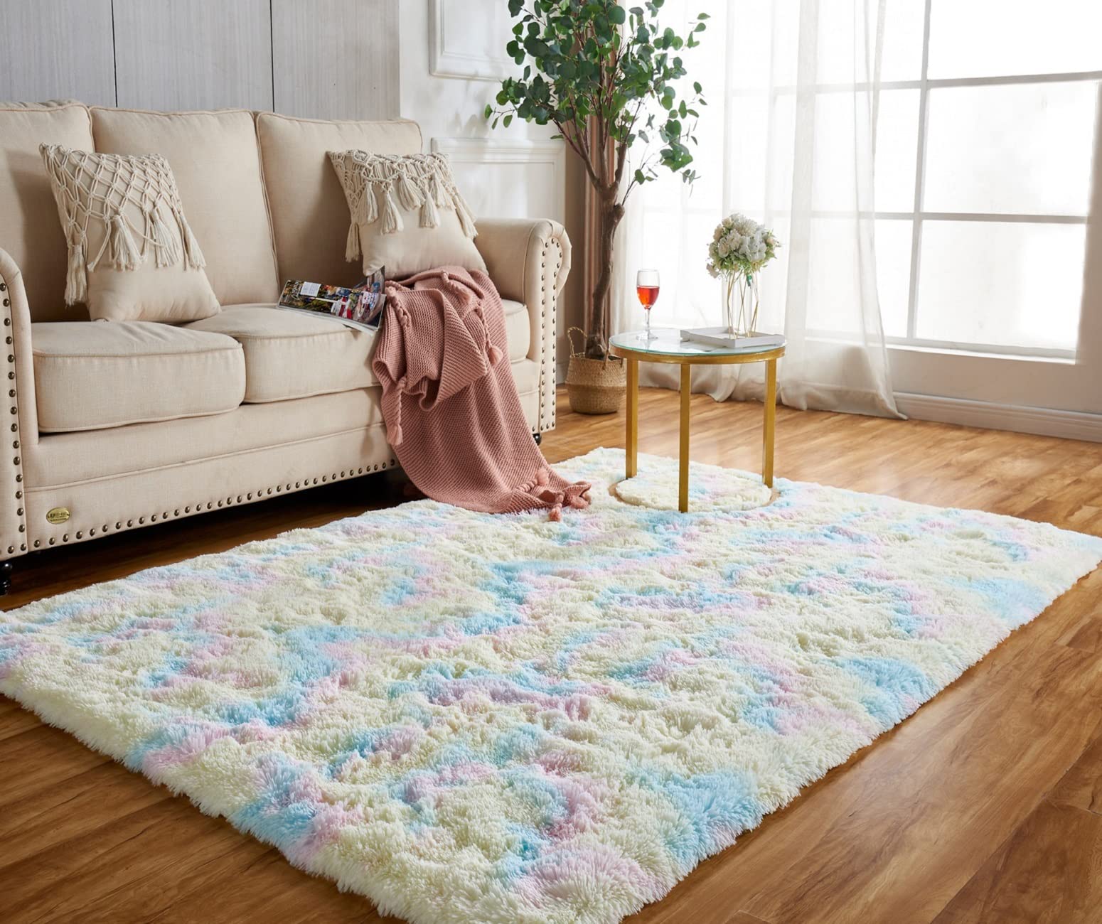 Achiiso Shaggy Rainbow Rug,Fluffy Soft Non-Slip Rugs for Living Room,Bedroom,Dorm Room, Kids Room Rectangular Rug (Rainbow,90x160 cm)