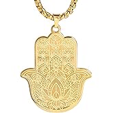 Chiorgone Gold Hamsa Hand Necklace for Men & Women, Stainless Steel Hand of Fatima Pendant, Spiritual Protection Amulet on a Box Chain