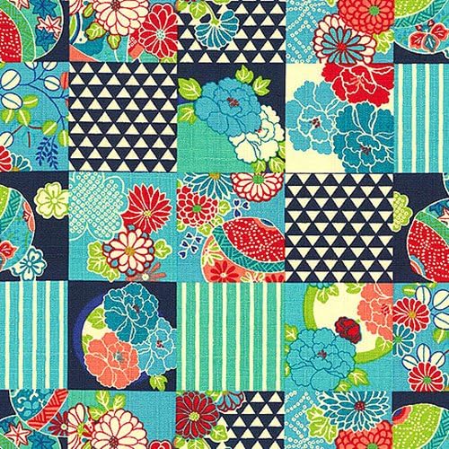 Patchwork - Japanese Modern: Teal - Asian Japanese Floral Quilt Fabric (By the Half Yard)