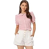 Allegra K Women's Peter Pan Collar Plaid Shirt Puff Short Sleeve Button Down Blouses Casual Summer Gingham Tops