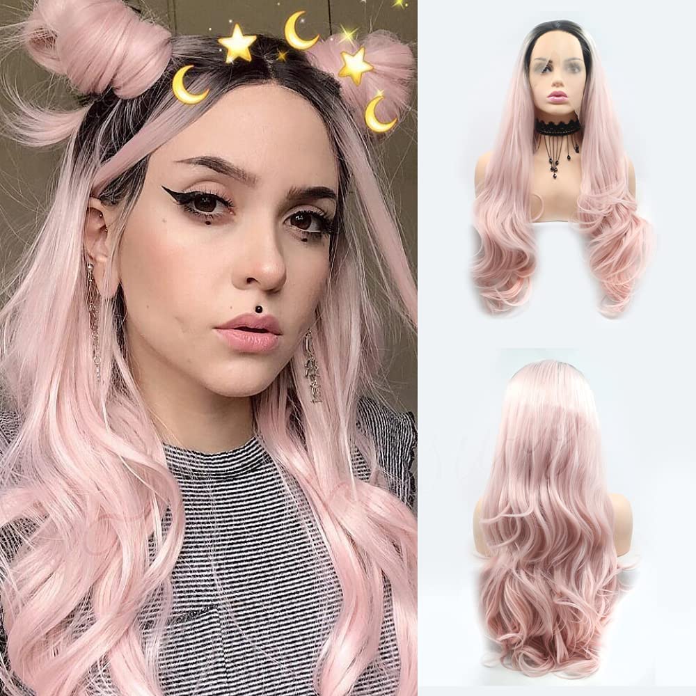 Ombre Pink Lace Front Wigs Long Wave Natural Hair Heat Resistant Fiber Hair Synthetic Lace Wigs for Fashion Women (24 Inch, ombrepink/lace front wig)