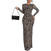 BEAUDRM Women's Y2k Leopard Print Mesh Sheer Bodycon Maxi Dresses Cheetah Long Sleeve Elegant Formal Wedding Guest Dress
