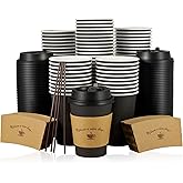 LITOPAK 100 Pack 12 oz Paper Coffee Cups for Hot Chocolate Drinks, Black Disposable Coffee Cups with Lids, Sleeves and Stirring Sticks for Parties, Picnic, Travel, and Events