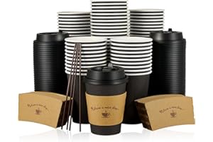 LITOPAK 100 Pack 12 oz Paper Coffee Cups for Hot Chocolate Drinks, Black Disposable Coffee Cups with Lids, Sleeves and Stirring Sticks for Parties, Picnic, Travel, and Events