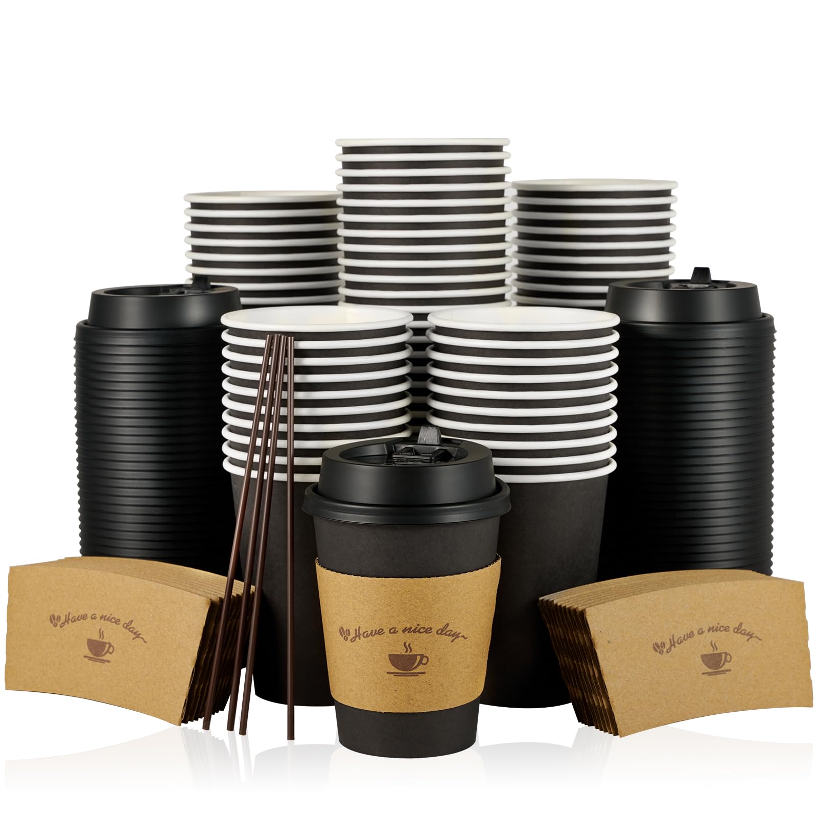 Photo 1 of ***ONLY CUPS & SLEEVES*** LITOPAK 100 Pack 12 oz Paper Coffee Cups for Hot Chocolate Drinks, Black Disposable Coffee Cups with Lids, Sleeves and Stirring Sticks for Parties, Picnic, Travel, and Events