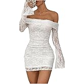 Floerns Women's Lace Off Shoulder Dress Ruched Bell Sleeve Bodycon Party Mini Dresses
