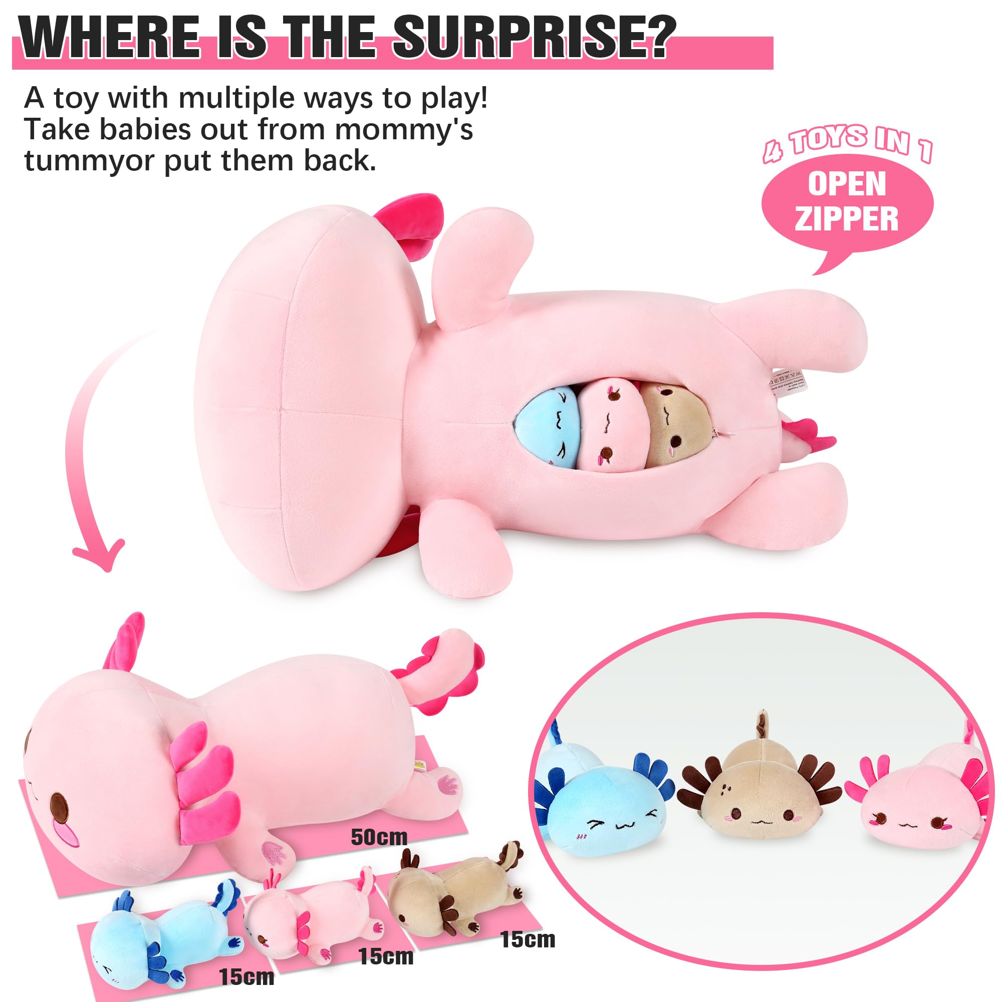 shownicer Plüschtier Axolotl Kuscheltier Stofftier Kawaii Plüsch, Mama & 3 Babys Plüschkissen Spielzeug, Kissen Puppe, Wurfkissen Schmusetier Geschenk für Kinder Mädchen Jungen 2