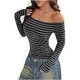 SOLY HUX Women's Off The Shoulder Top Long Sleeve Striped Shirt Slim Fit Y2k Crop T-Shirts