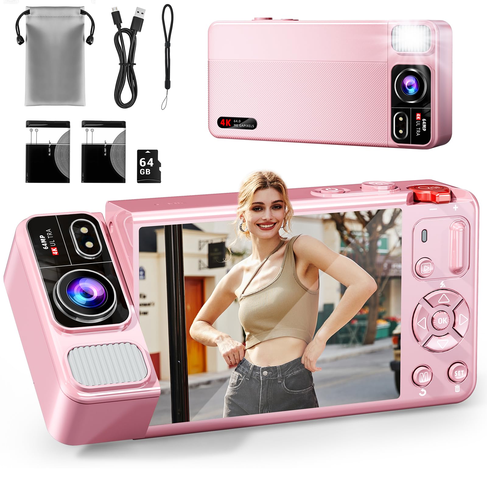 Photo 1 of ZEOUPT Digital Camera, 4K 64MP Cameras for Photography, 270°Flip Screen Vlogging Camera, Autofocus, Flash, 18X Zoom, 2 Batteries, 64GB Card, Point and Shoot Digital Cameras for Kids Teens, Pink