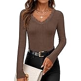 ZESICA Women's Long Sleeve Lace V Neck Fall Shirts Slim Fit Going Out Tops Ribbed Knit Dressy Business Casual Blouses