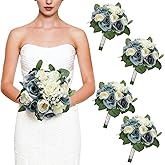 DIYDOFUN Set of 4 Bridesmaid Bouquets, 11 Inch Wedding Bouquets for Bridesmaids Artificial Flower Bouquets for Wedding Ceremony Bridal Shower Decorations - Dusty Blue & White