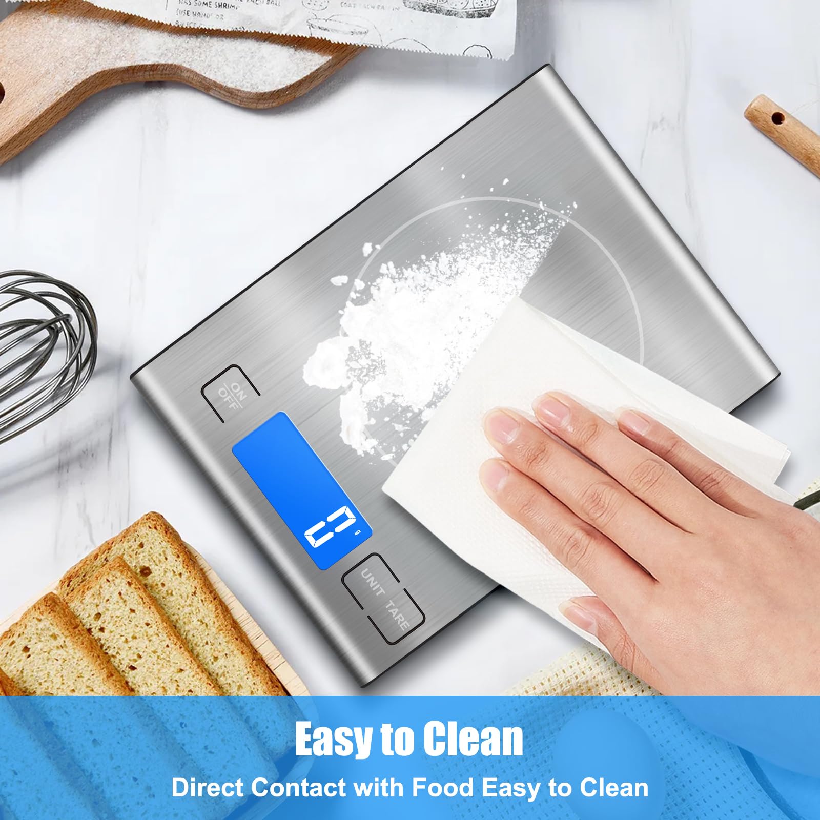 33lb Rechargeable Food Scale, Diyife 304 Stainless Steel Digital Kitchen Scale with 3 Buttons, Weight Grams and Ounces for Baking, Cooking, 5 Units with Tare Function, LCD Display, 2 AAA Batteries