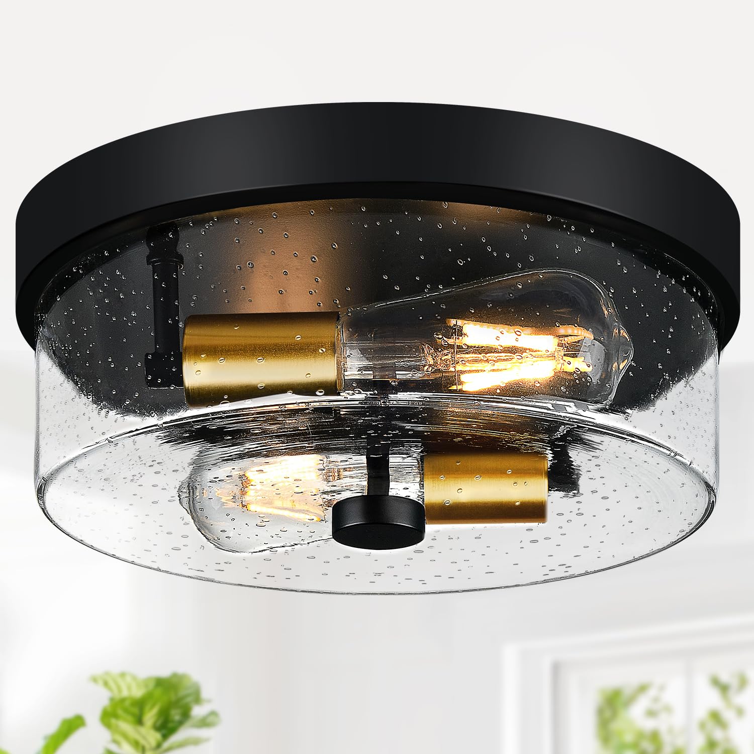 Photo 1 of Flush Mount Ceiling Light Fixtures, 2-Light Black and Gold Ceiling Mount for Farmhouse with Seeded Glass Lampshade, Industrial Flush Mount Light Fixture for Hallway, Kitchen, Entryway and Foyer