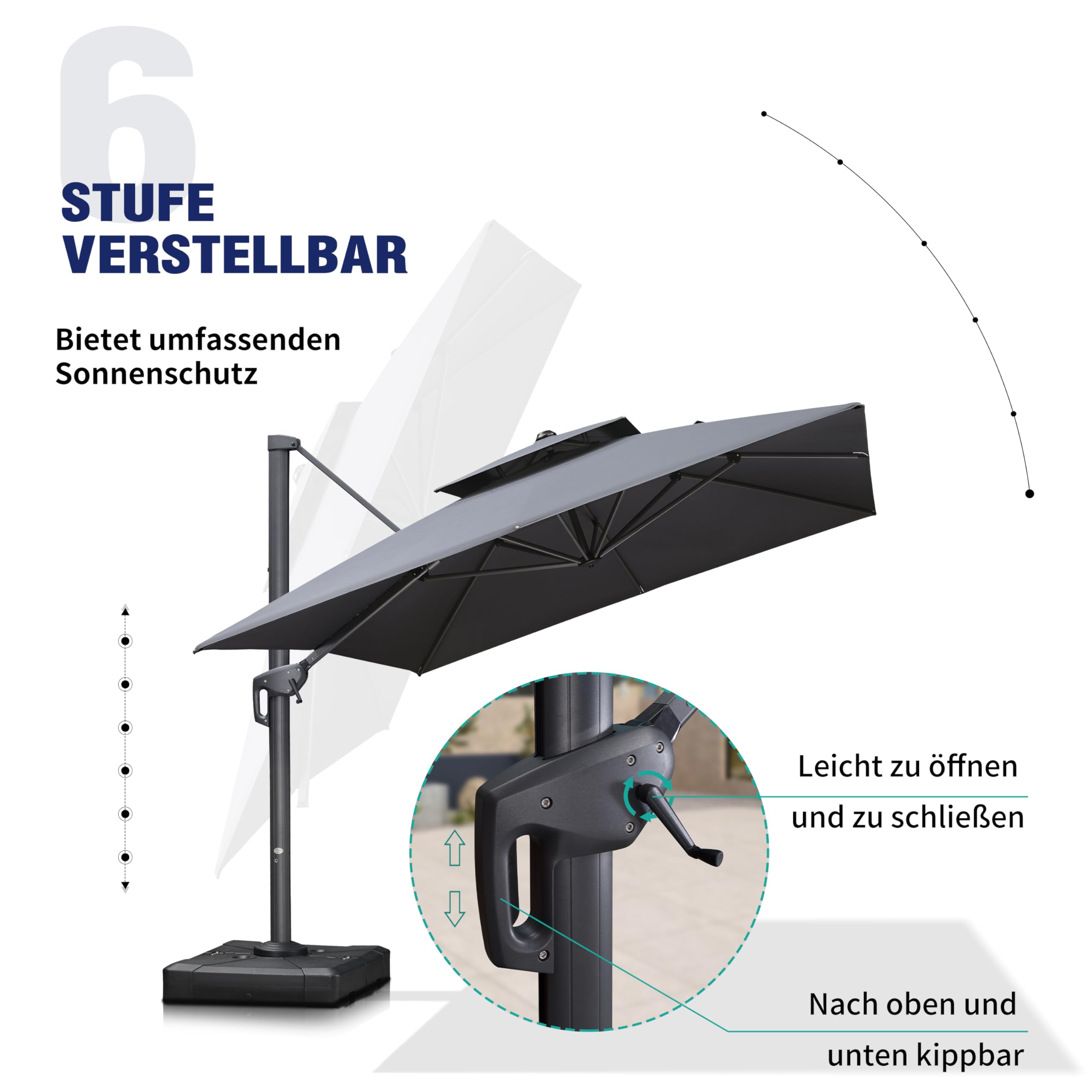 PURPLE LEAF Sonnenschirm Rechteckig 300 x 400 cm Ampelschirm Groß 360°Rotation, Gartenschirm mit kurbel Doppeldach, Marktschirm Wasserabweisend Windfest für Garden Deck Schwimmbad, Grau 4