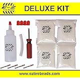 E-Z Tire Balance Beads Deluxe Kit Light Truck 5 oz Four-Pack (4 bags of 5 oz Balancing Beads) 20 Ounces Total, Applicator Kit, Filtered Valve Cores, Red Caps