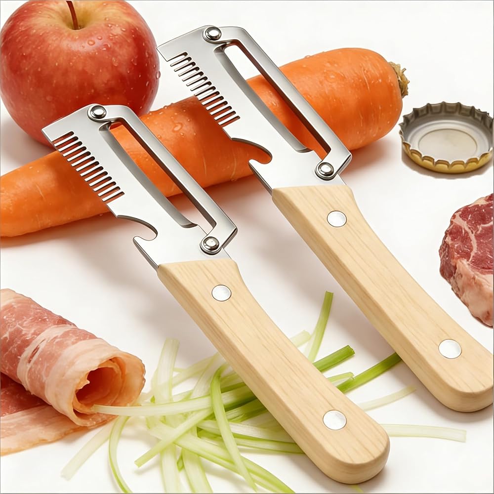 2026 New 4 in 1 Multifunctional Vegetable Peeler with Wooden Handle, Wooden Peeler, Ultimate Kitchen Tool for Fruit,Vegetable