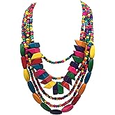 JHWZAIY Statement Multicolor Wood Bead Chunky Layered Necklace For Women Multi Layer Color Wooden Beaded Bib Long Strand African Necklace For Women Fashion Jewelry Costume (01)