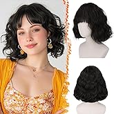 BARSDAR Dark Brown Short Wavy Wig with Bangs - Short Curly Dark Brown Wigs for Women - Wavy Textured French Bob Wig with Bangs Soft Synthetic Natural Looking Face-Framing Daily