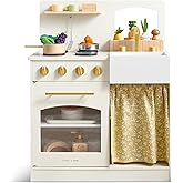 Tiny Land Wooden Play Kitchen for Toddlers, Compact Cream Pretend Play Set | Cutting Food &amp; Stainless Steel Cookware, Oven, Stove, Sink, Clicking Knobs, Storage Shelf, Gift for Girls &amp; Boys Ages 3+
