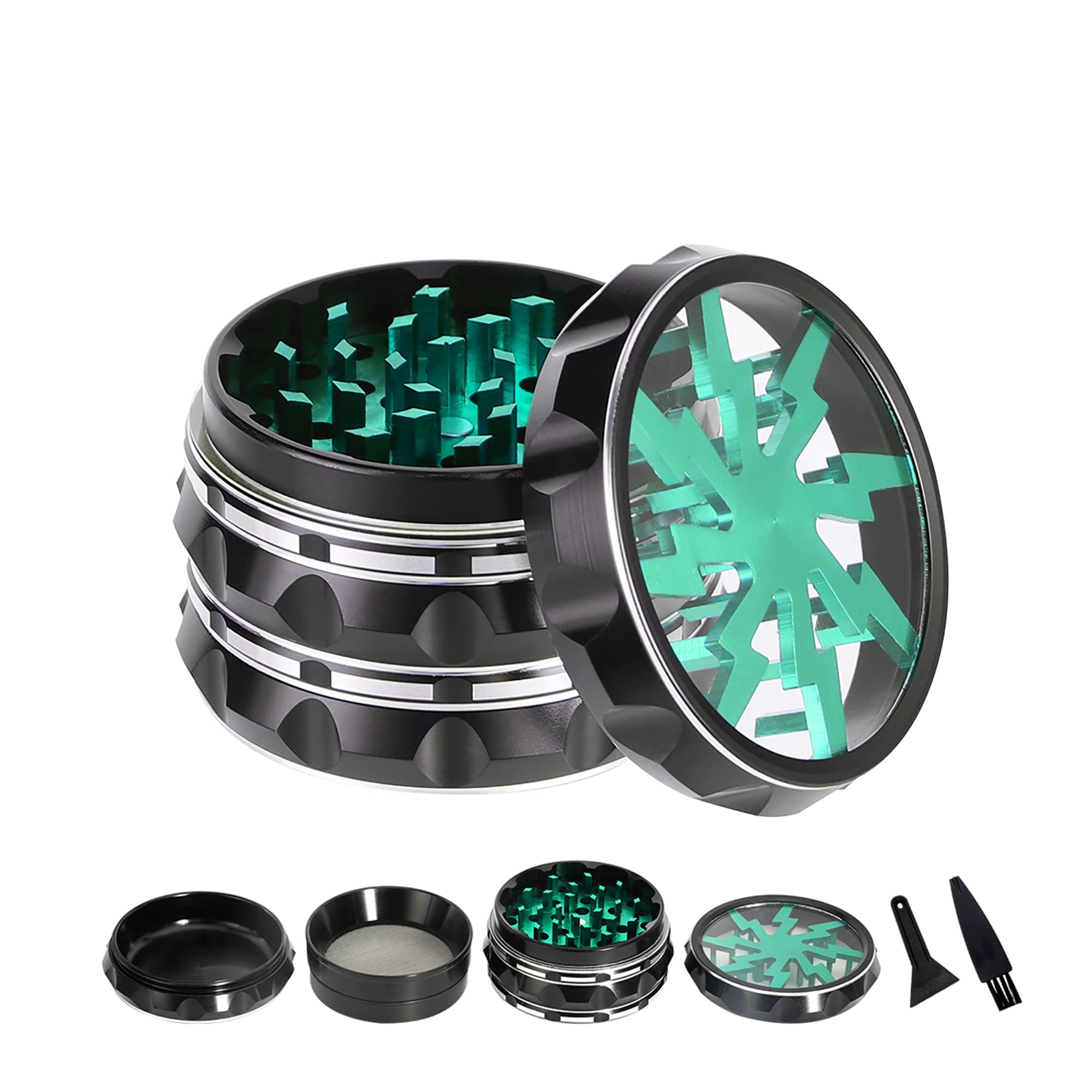 Clear Top Herb Grinder - Aluminum Alloy Spice Grinder with Lightning Pattern, Wavy Grinder with Pollen Catcher, 2.5 Inch 4 Pieces, Black — image 1