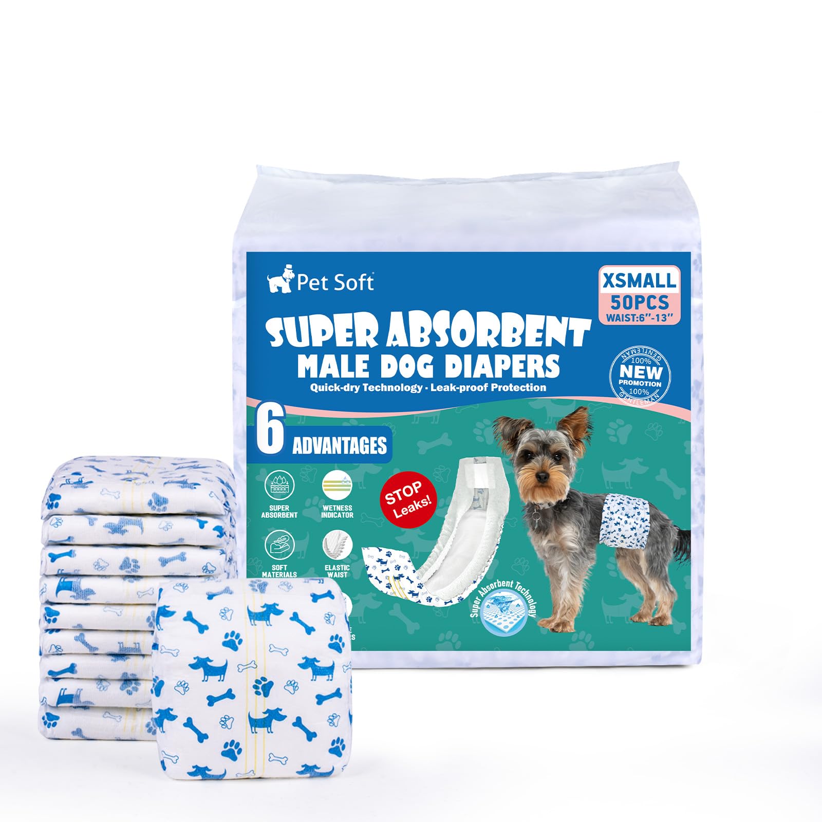 Pet Soft Dog Nappies Male - 50 Counts Disposable Dog Wraps with Wetness Indicator, Super Absorbent Male Dog Diapers for Incontinence (XS-50 Count)